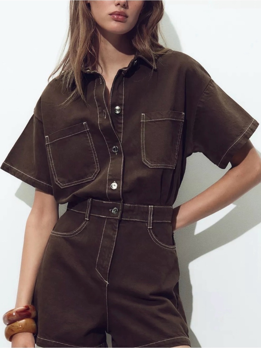 Zara Brown Short Sleeve Utility Romper